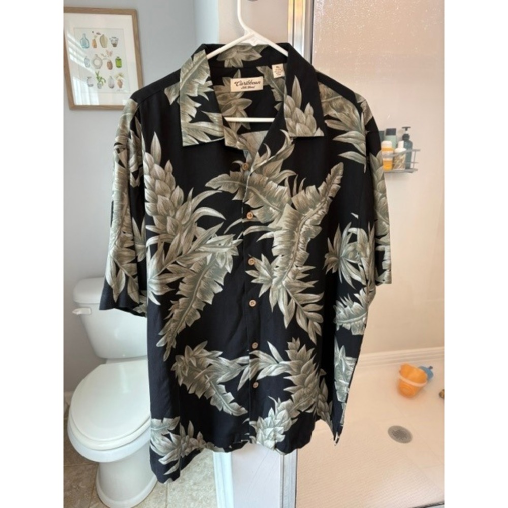 Caribbean Silk Blend‎ Mens XL Tropical Leaf Print Button Down Shirt Black Green
